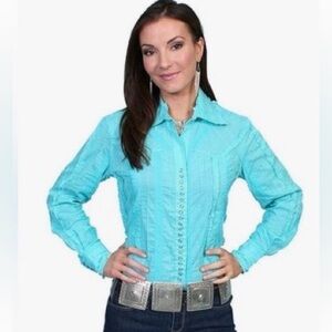 Scully SZ L Womens Turquoise Western-Style Button-Down long sleeve blouse